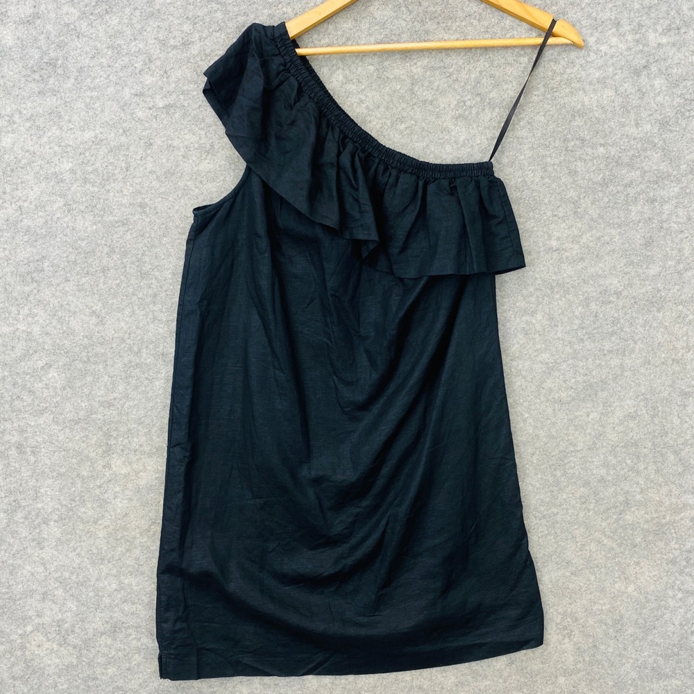 J.Crew Womens Black One Shoulder Ruffle Mini Dress Medium Linen Blend Solid Goth